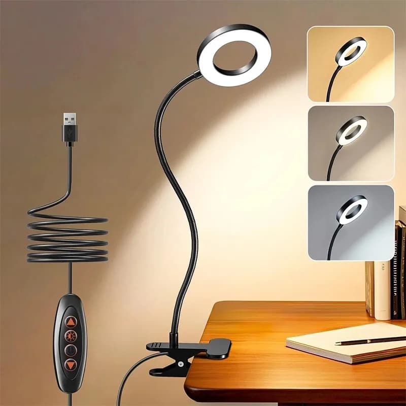 Luminária de mesa com garra e 3 cores de luz