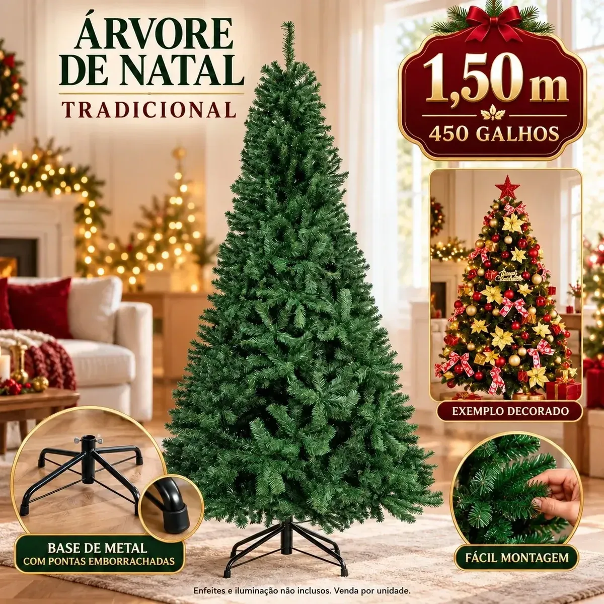 Árvore de Natal Pinheiro Canadense 1,50 m com 450 galhos