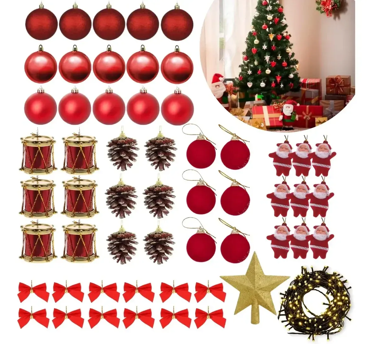 Kit 56 enfeites para árvore de Natal com ponteira e pisca-pisca